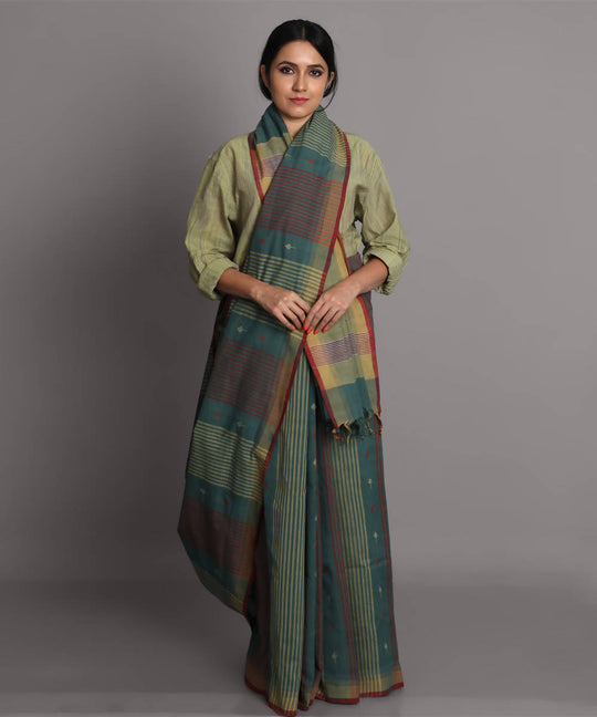 Olive green cotton jamdani handwoven saree