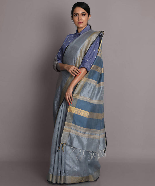 Silver grey handwoven tussar silk saree