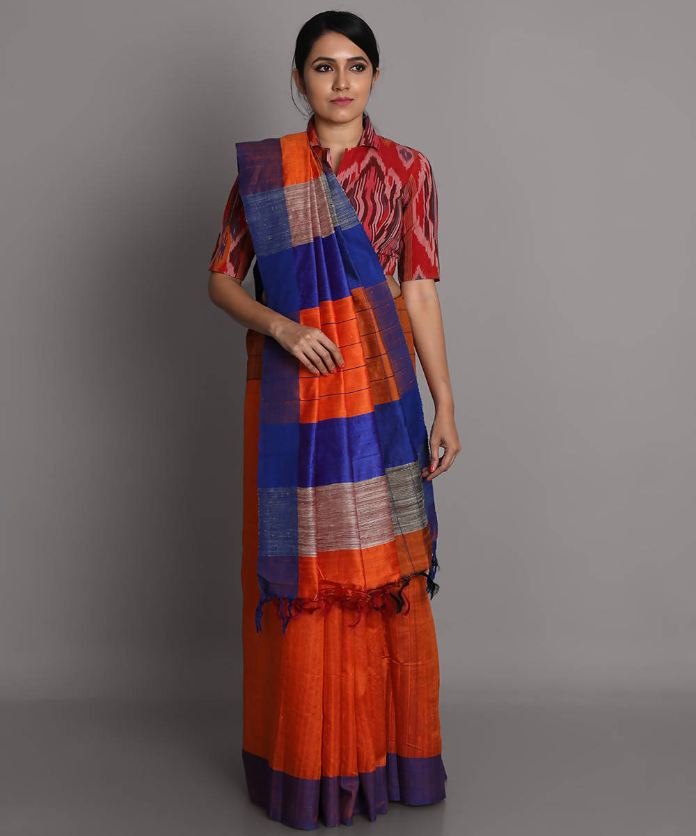 Orange handwoven tussar silk saree