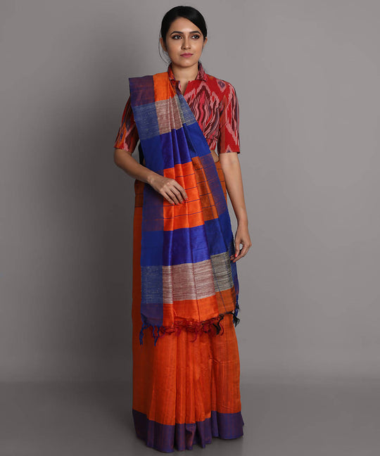 Orange handwoven tussar silk saree