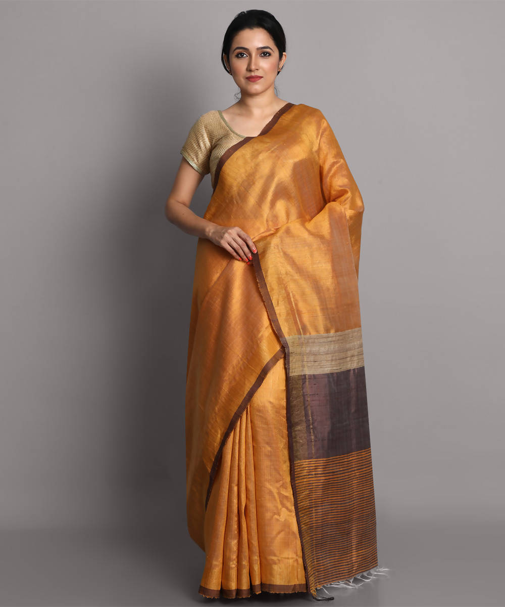 Yellow gold handwoven tussar silk saree