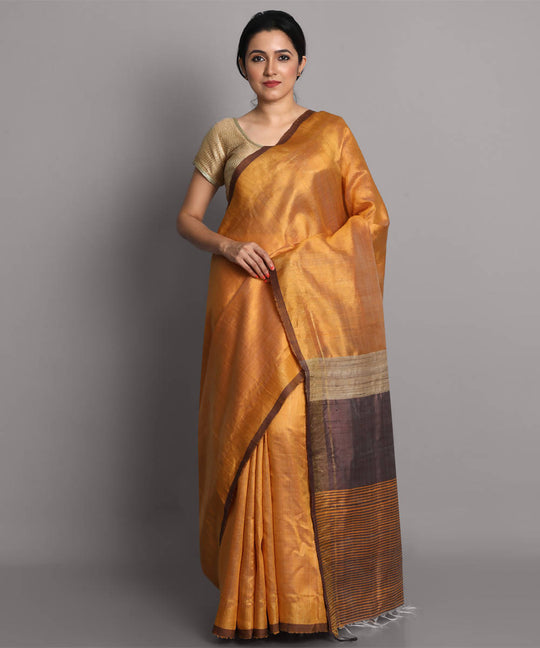Yellow gold handwoven tussar silk saree