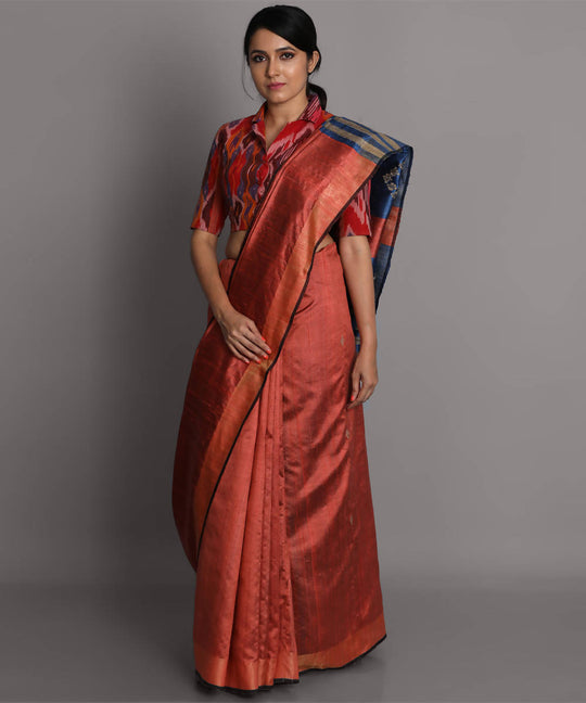 Rust handwoven tussar silk saree