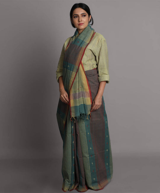 Olive green cotton jamdani handwoven saree