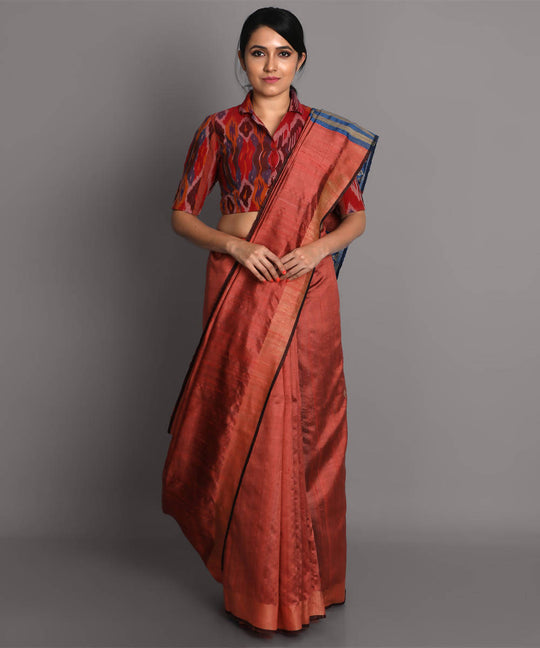 Rust handwoven tussar silk saree