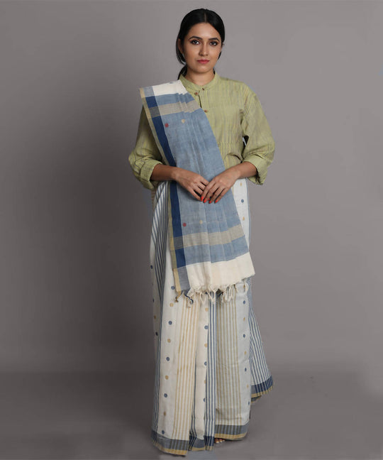 White and blue cotton srikakulam jamdani handwoven saree