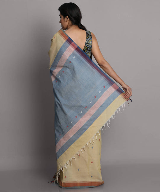 Beige jamdani cotton handwoven saree