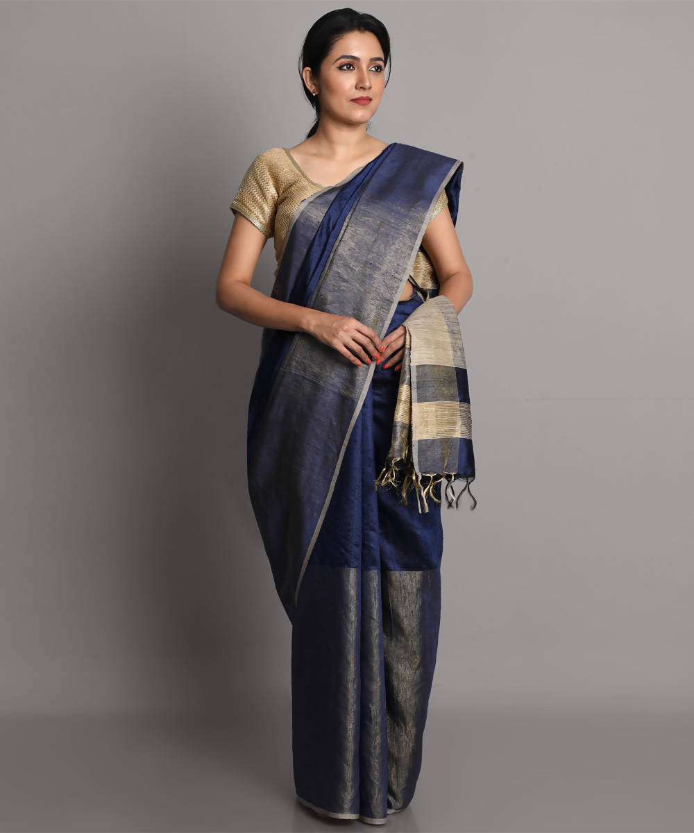 Dark blue handwoven tussar silk saree