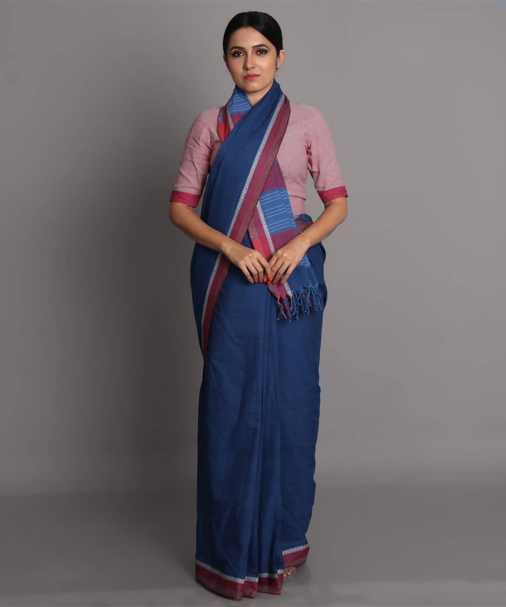 Dark blue cotton handwoven saree