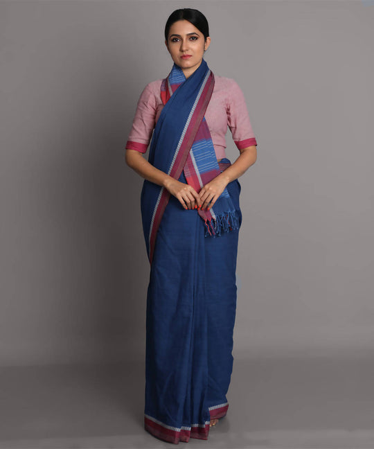 Dark blue cotton handwoven saree