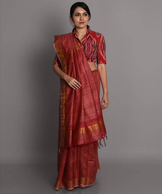 Light red handwoven tussar silk saree