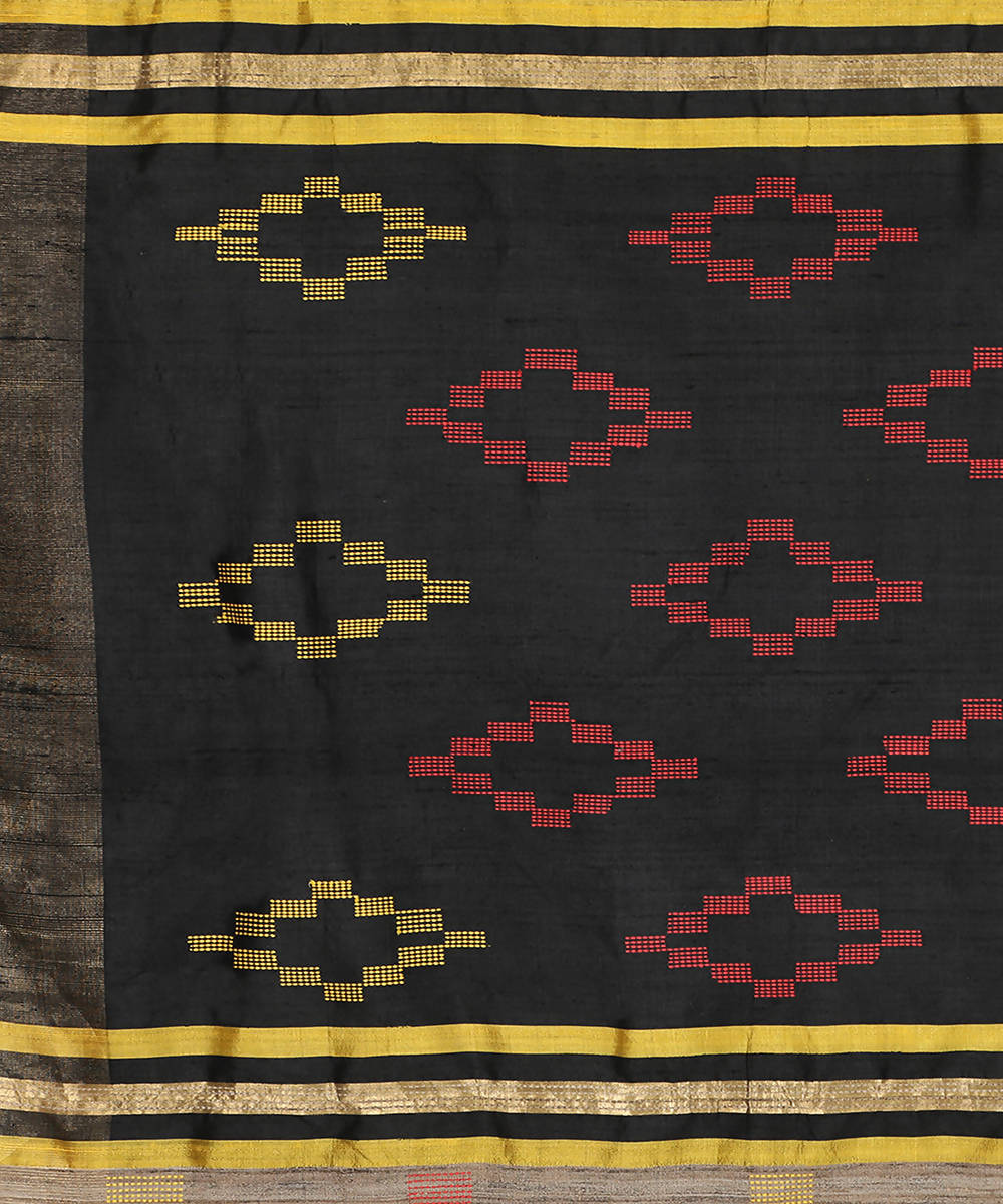 Yellow and black handwoven tussar silk saree