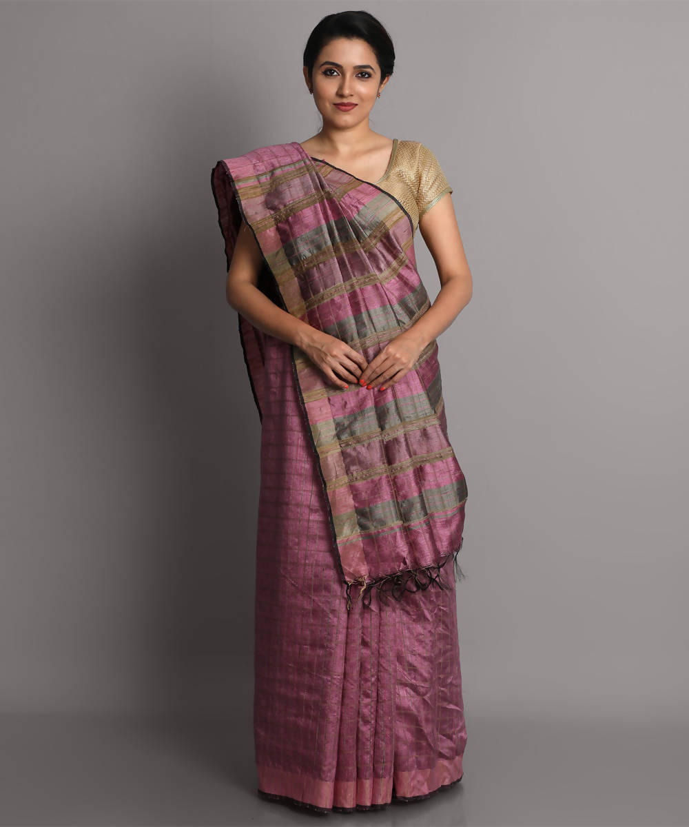 Rose pink handwoven tussar silk saree