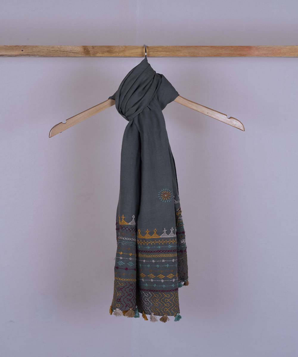 Grey lambani hand embroidered cotton stole