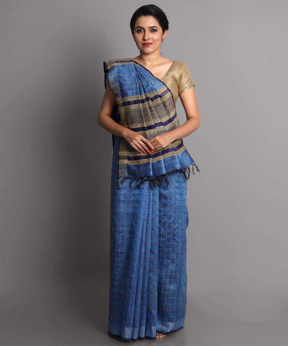 Blue handwoven tussar silk saree