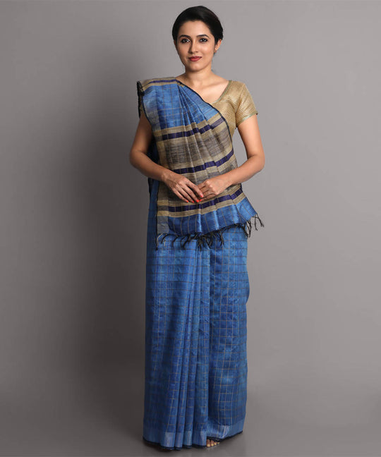 Blue handwoven tussar silk saree