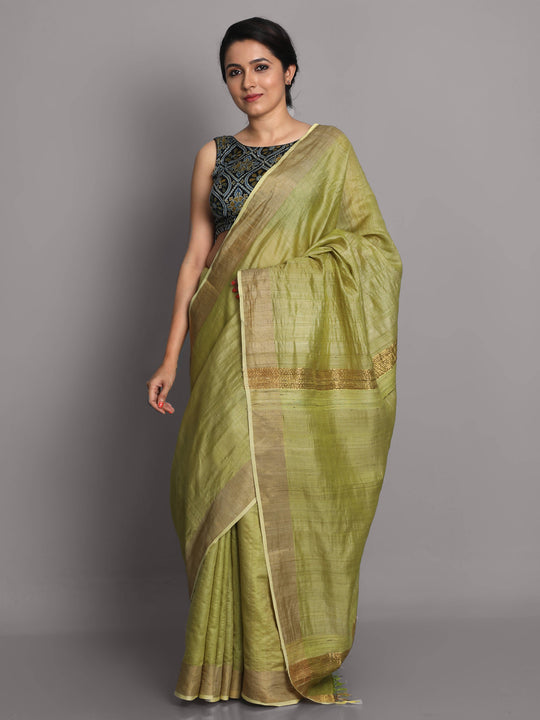 Light green handwoven tussar silk saree