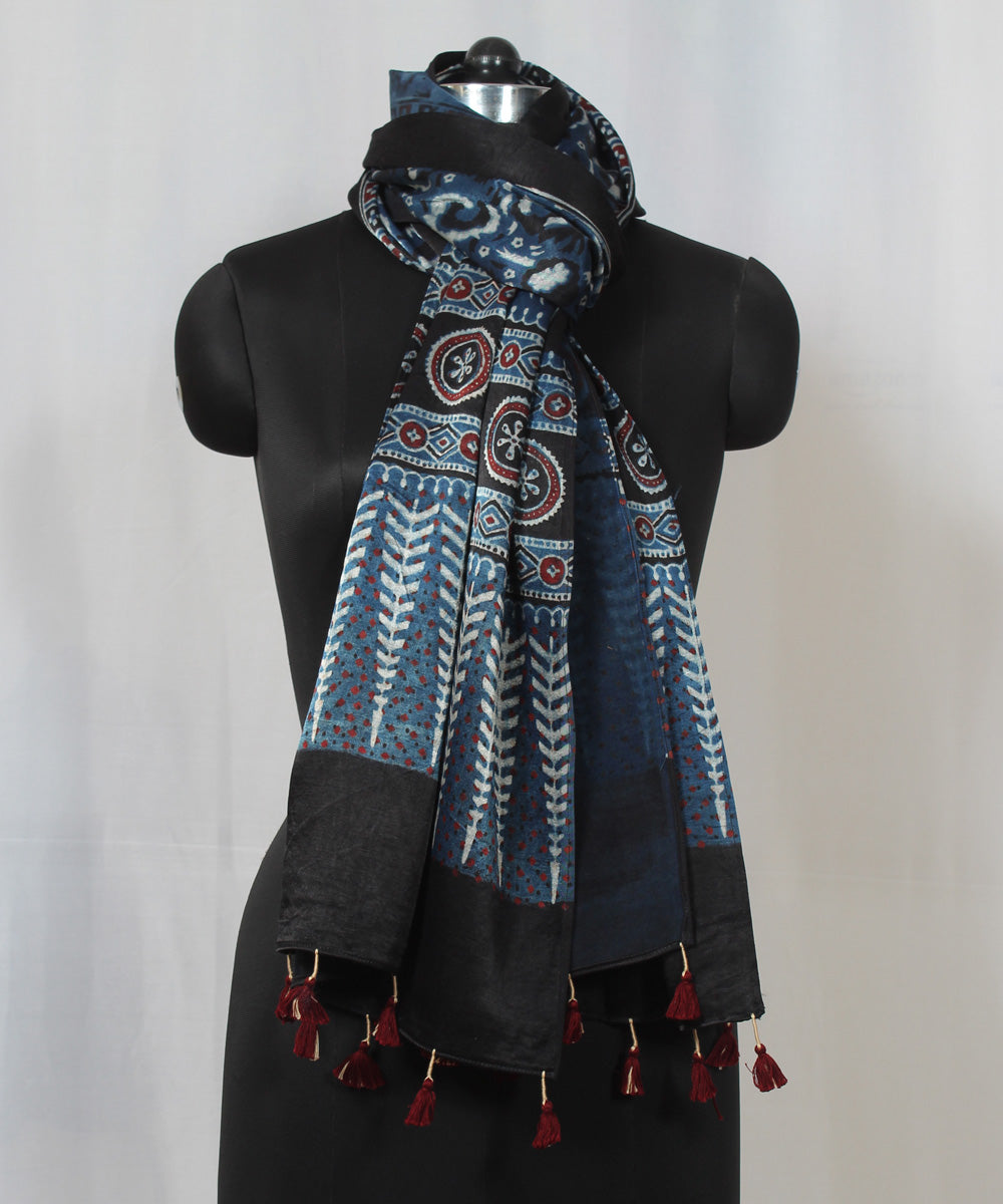 Indigo black hand block print mashru silk ajrakh stole