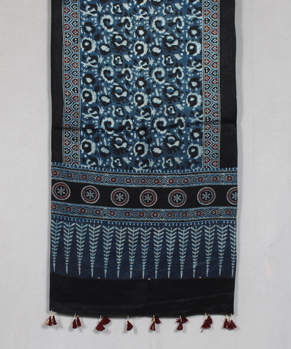 Indigo black hand block print mashru silk ajrakh stole