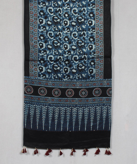 Indigo black hand block print mashru silk ajrakh stole