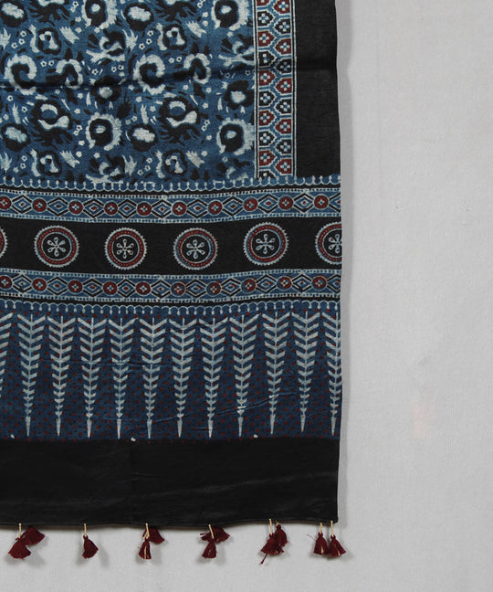 Indigo black hand block print mashru silk ajrakh stole