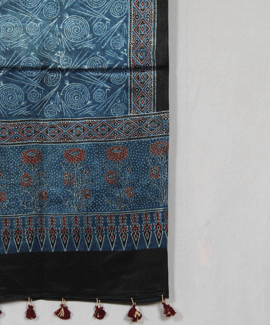 Blue black multicolor hand block printed mashru silk ajrakh stole