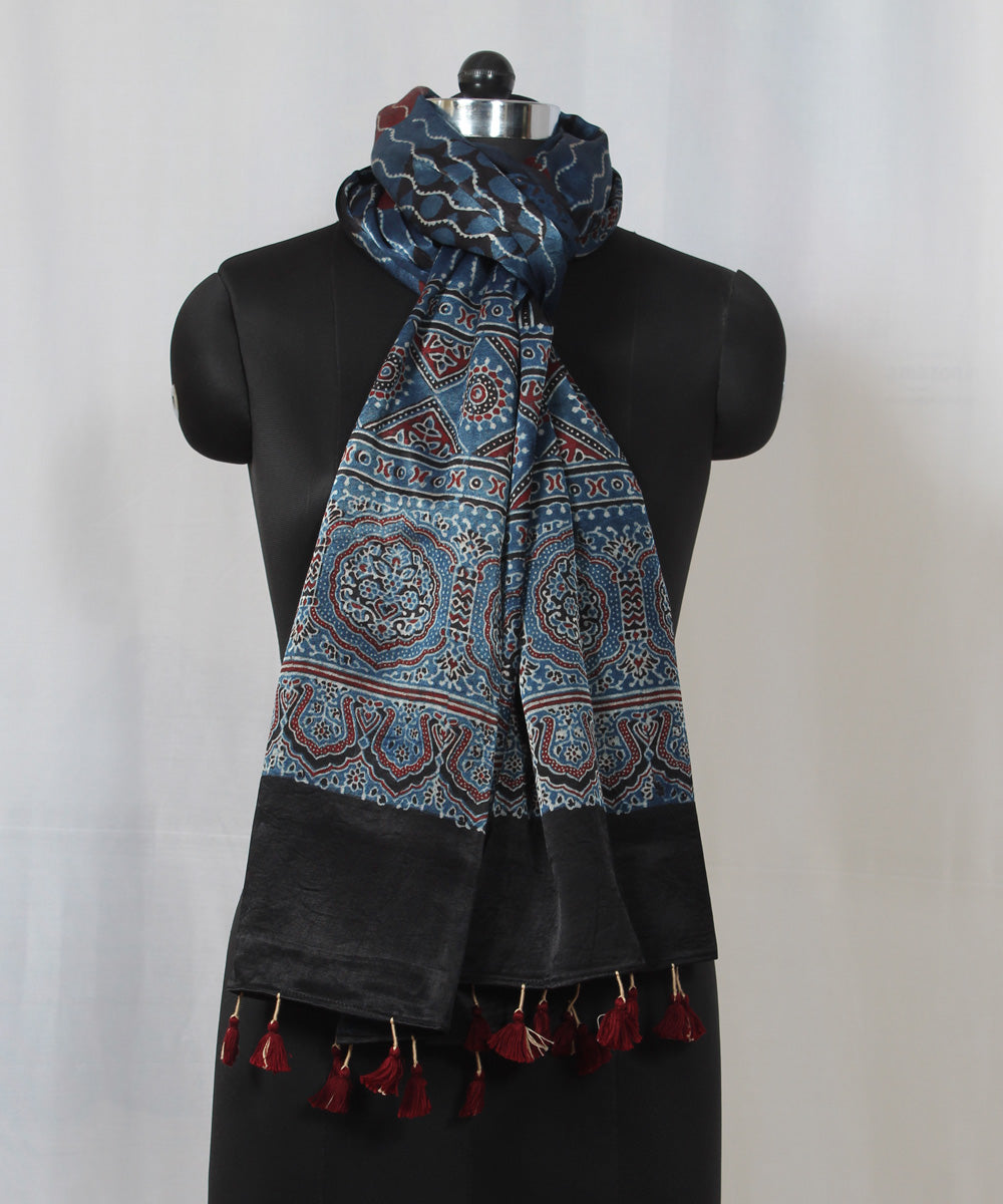 Indigo multicolor hand block printed mashru silk ajrakh stole