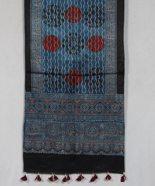 Indigo multicolor hand block printed mashru silk ajrakh stole