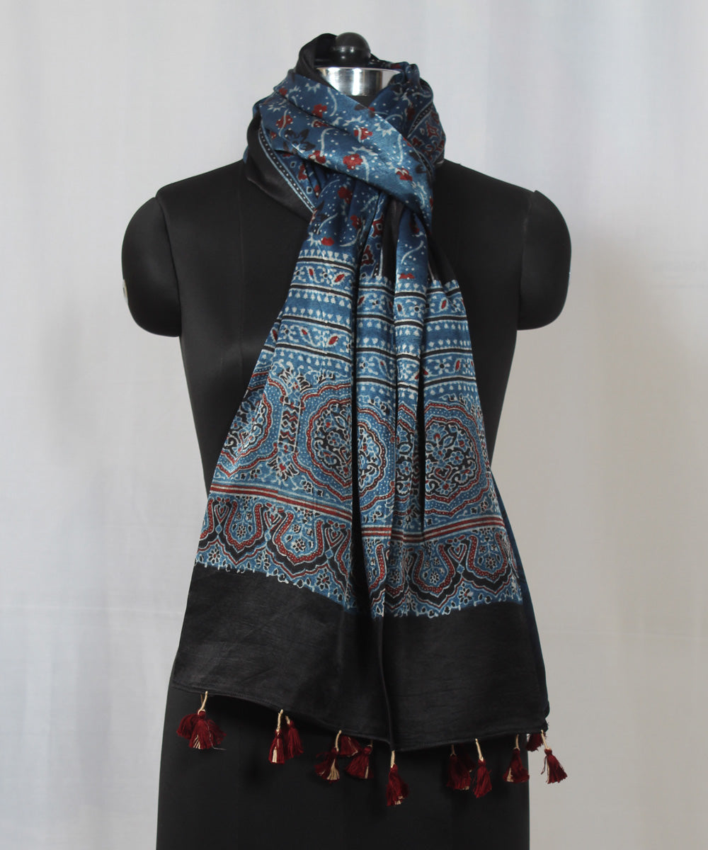 Blue hand block printed mashru silk ajrakh stole