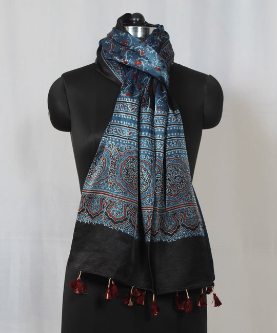 Blue hand block printed mashru silk ajrakh stole