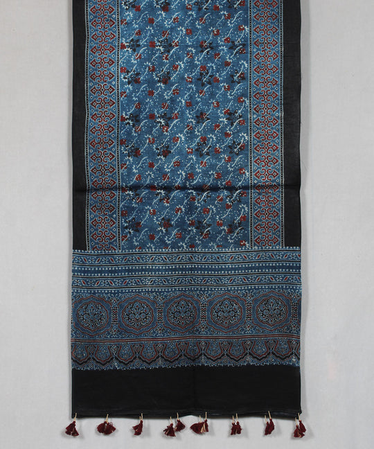Blue hand block printed mashru silk ajrakh stole