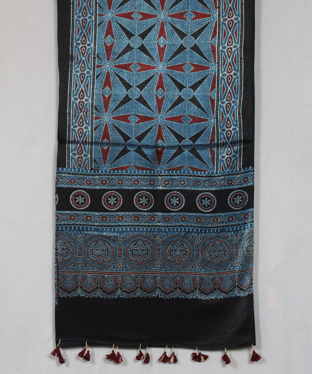 Geometric blue black hand block printed mashru silk ajrakh stole
