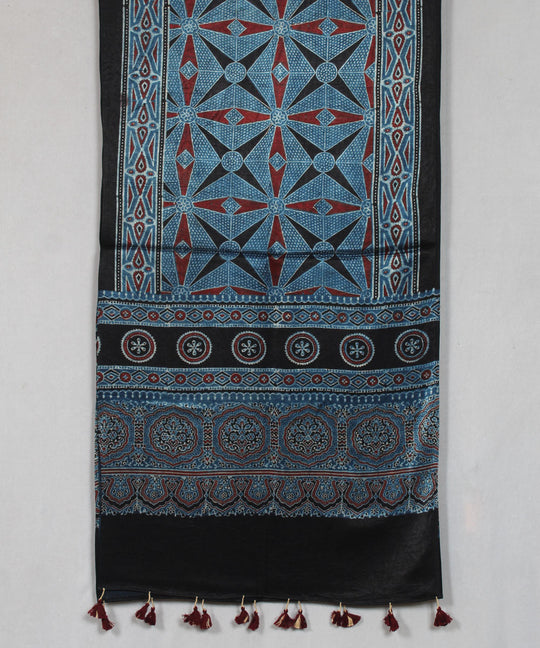 Geometric blue black hand block printed mashru silk ajrakh stole