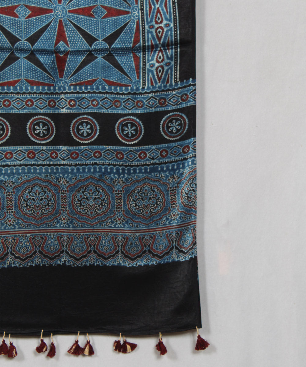 Geometric blue black hand block printed mashru silk ajrakh stole