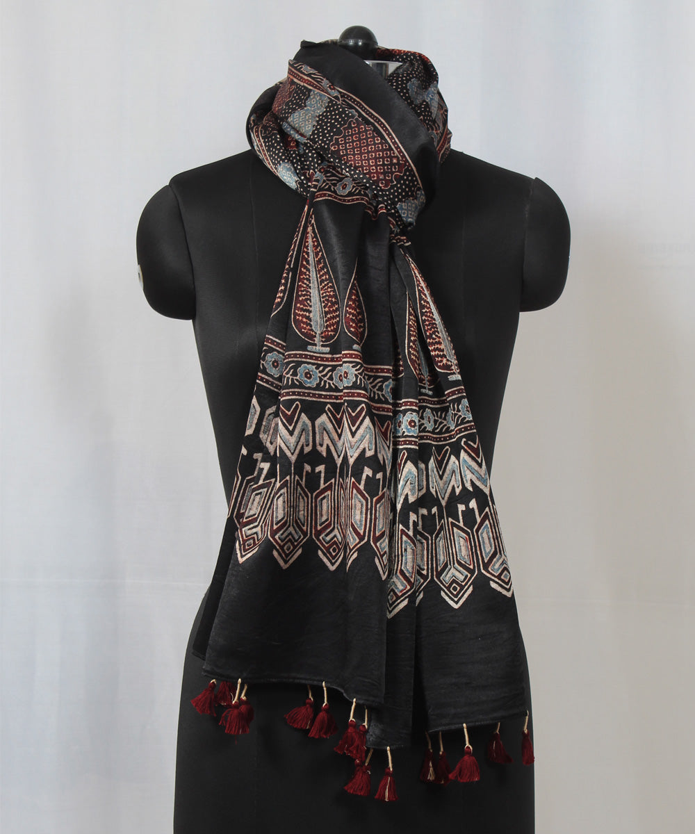 Black multicolor hand block printed mashru silk ajrakh stole