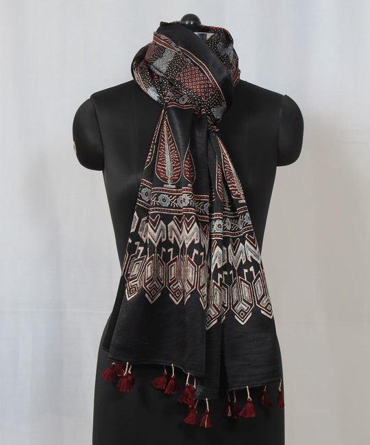 Black multicolor hand block printed mashru silk ajrakh stole
