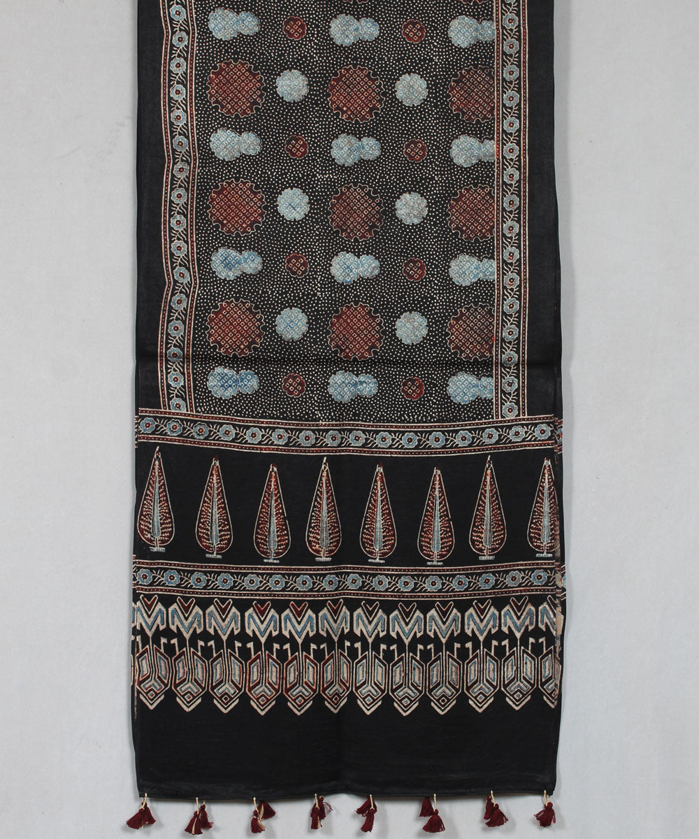 Black multicolor hand block printed mashru silk ajrakh stole