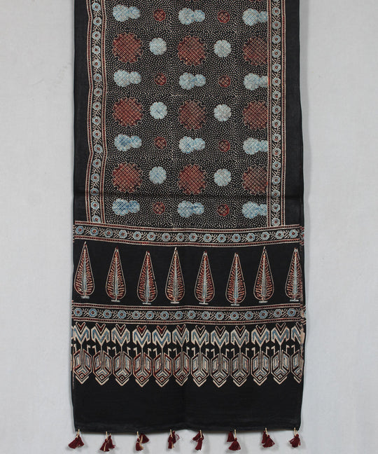 Black multicolor hand block printed mashru silk ajrakh stole