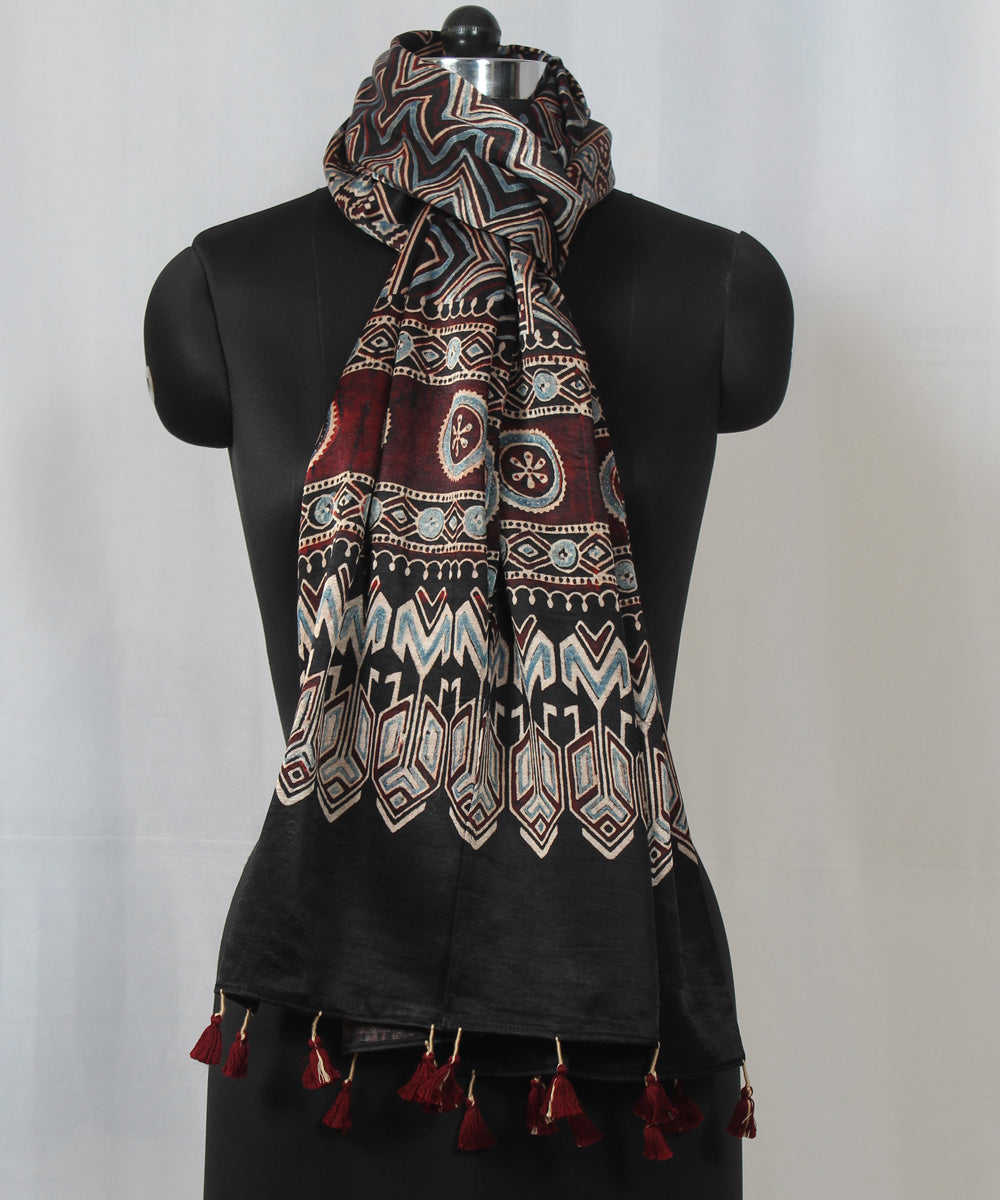 Black and beige hand block printed mashru silk ajrakh stole