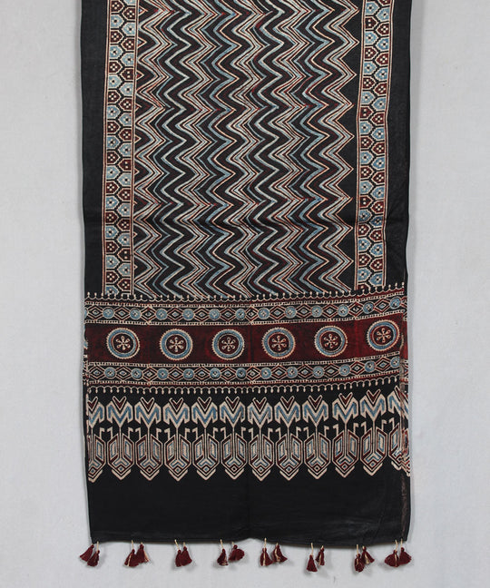 Black and beige hand block printed mashru silk ajrakh stole