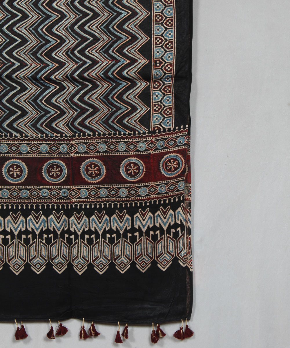 Black and beige hand block printed mashru silk ajrakh stole