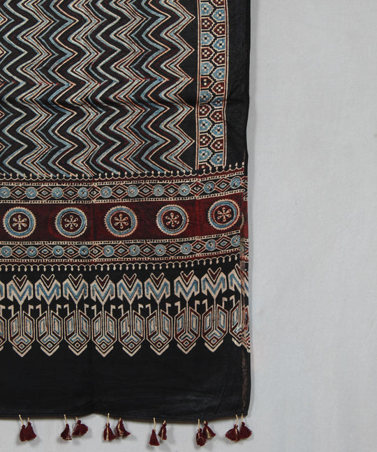 Black and beige hand block printed mashru silk ajrakh stole