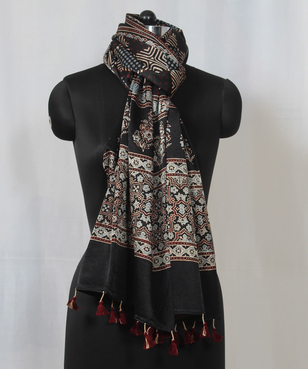 Black multicolor hand block printed mashru silk ajrakh stole
