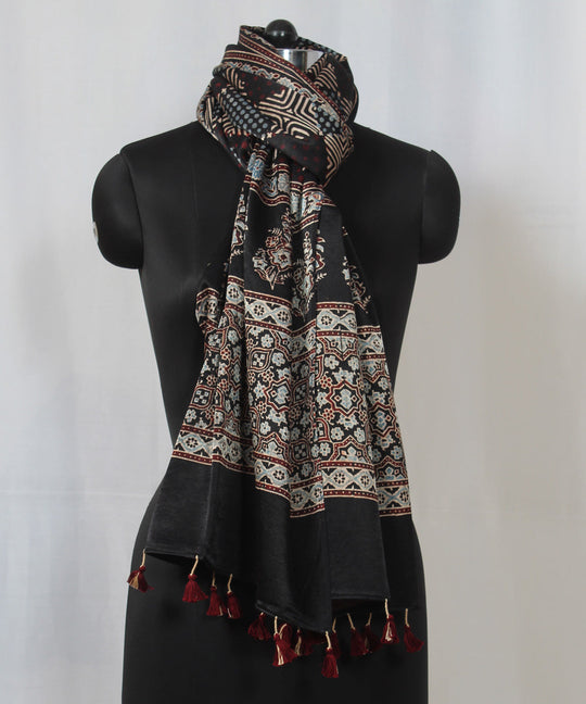 Black multicolor hand block printed mashru silk ajrakh stole