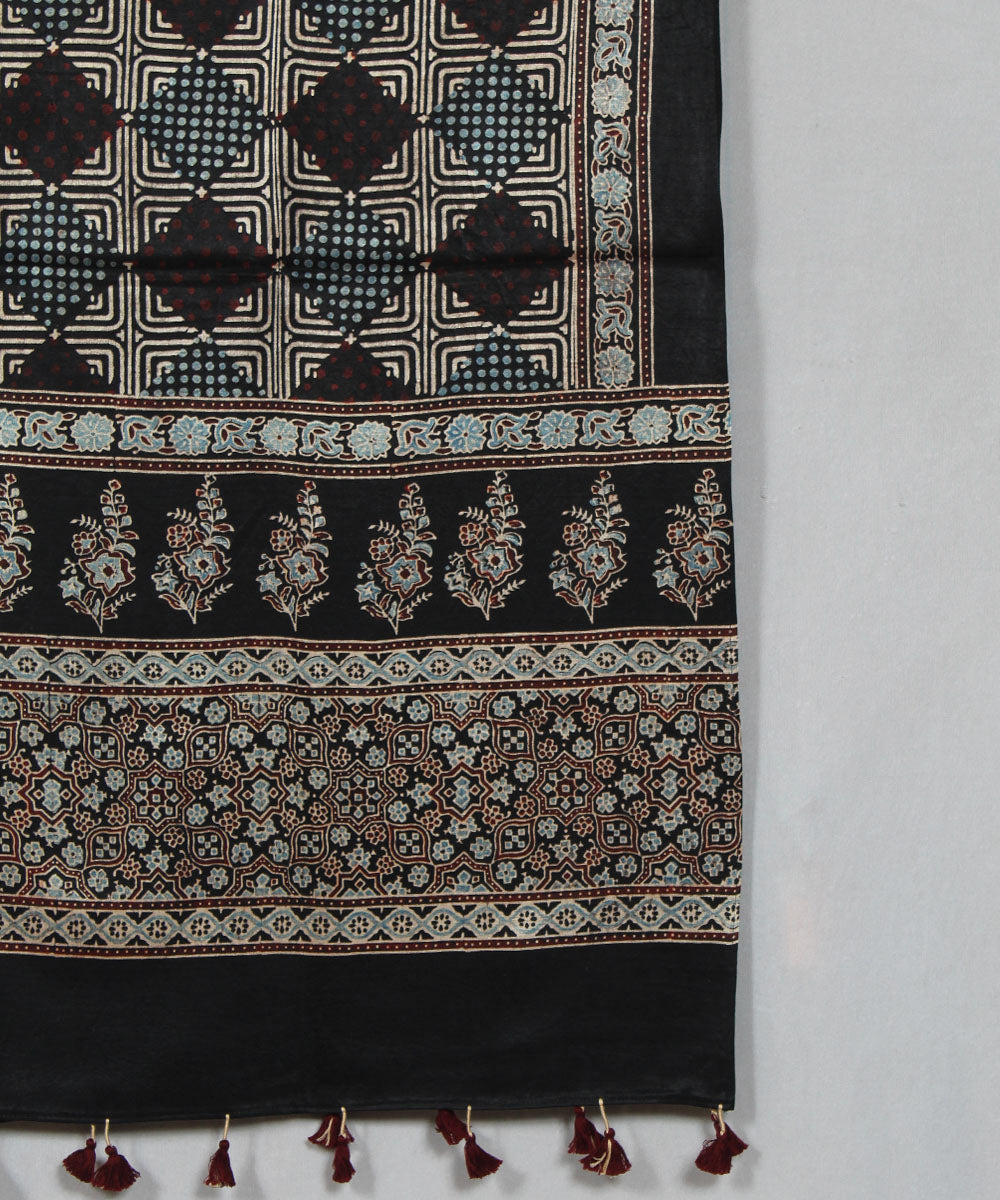 Black multicolor hand block printed mashru silk ajrakh stole