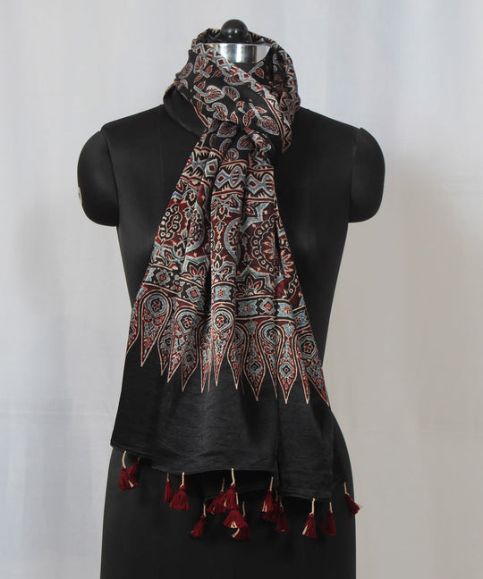 Floral black multicolor hand block printed mashru silk ajrakh stole