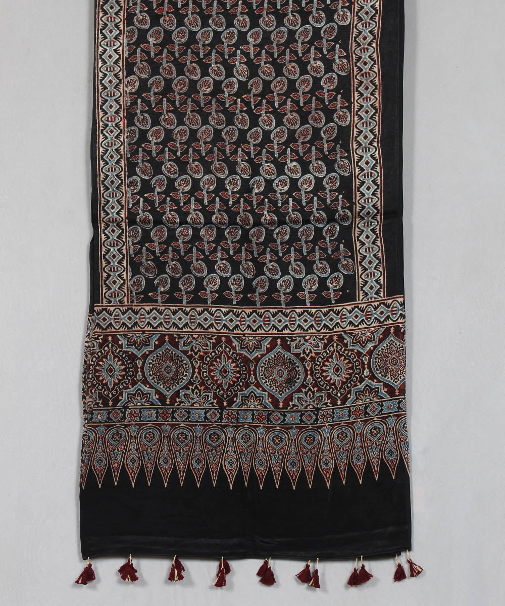 Floral black multicolor hand block printed mashru silk ajrakh stole