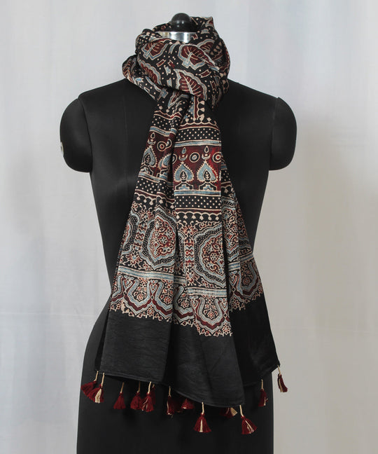 Black maroon multicolor hand block printed mashru silk ajrakh stole
