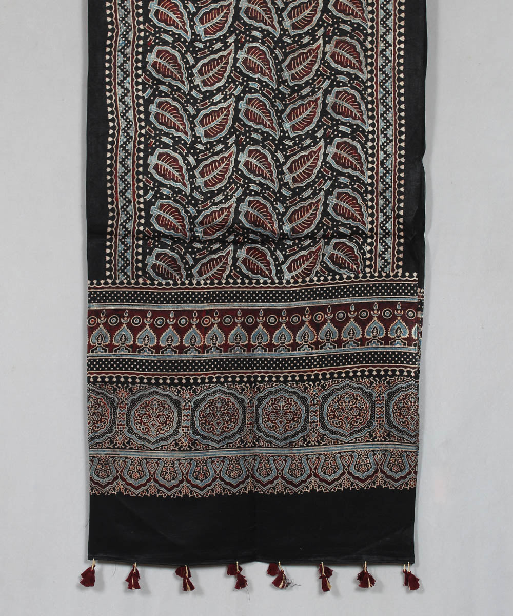 Black maroon multicolor hand block printed mashru silk ajrakh stole