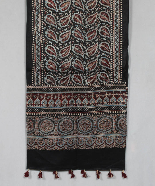 Black maroon multicolor hand block printed mashru silk ajrakh stole